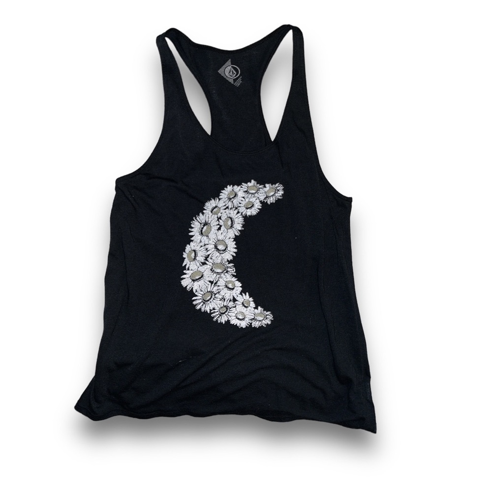 EUC black racer back tank top with flowers in crescent moon shape. Size: L